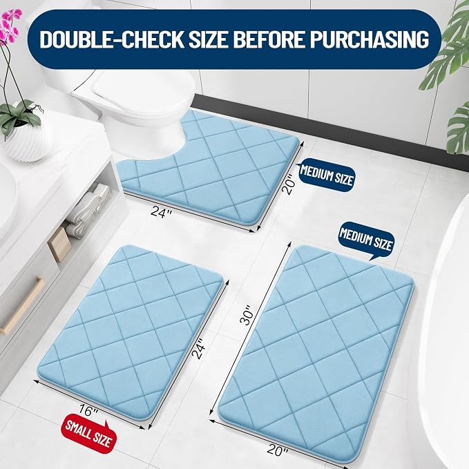 OLANLY Memory Foam Bath Mat 47x32, Ultra Soft and Absorbent Bathroom Rugs | Sky Blue, Quick Dry, Machine Washable Shower Bath Rugs, Comfortable Bath Carpet for Bathroom Floor, Tub and Shower