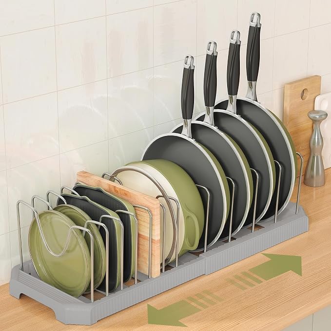 Expandable Pan Organizers Inside Cabinet with 12 Dividers Grey | Extends 12.9-21.9", Holds cookie sheets, cutting boards, pot lids and pans, iron dividers, plastic base, under cabinet rack