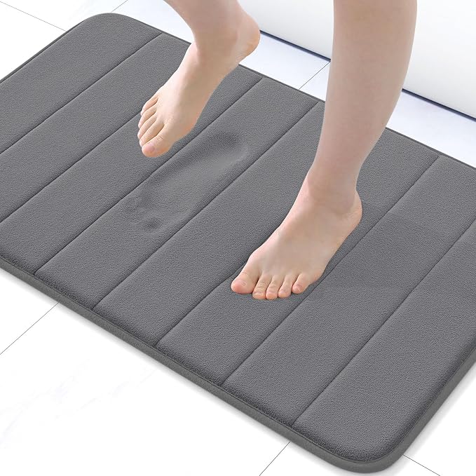 Buganda Memory Foam Bath Mat 31.5 x 20, Ultra Soft Absorbent Bathroom Rugs | Grey, Machine Washable Quick Dry Bath Mats for Bathroom Floor, Shower and Tub, Home Decor Accessories