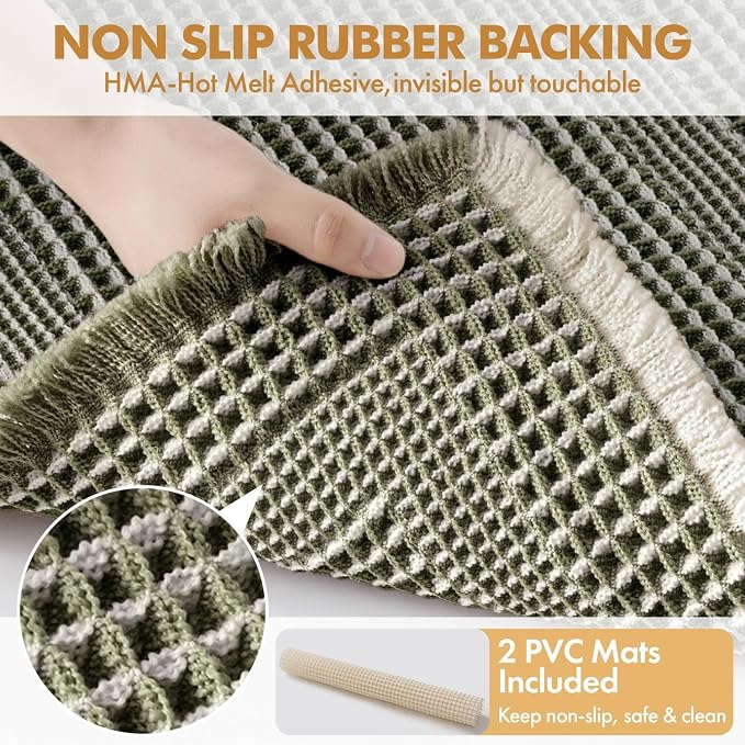 MIULEE Set of 2 Waffle Bathroom Rugs Green & Cream Boho Bath Mat 17x24 in | Looped Design, Super Absorbent, Non Slip, Washable, Ultra Soft, Rubber Backed, Bathroom Mats for Floor Tub Shower