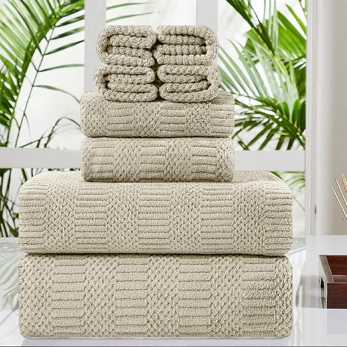 8 Pcs Camel Oversized Bath Towel Set-2 Extra Large Bath Sheets,2 Hand Towels,4 Washcloths Soft Bathroom Towels Highly Absorbent Quick Dry Beach Chair Towels Woven Towels for Hotel and Spa