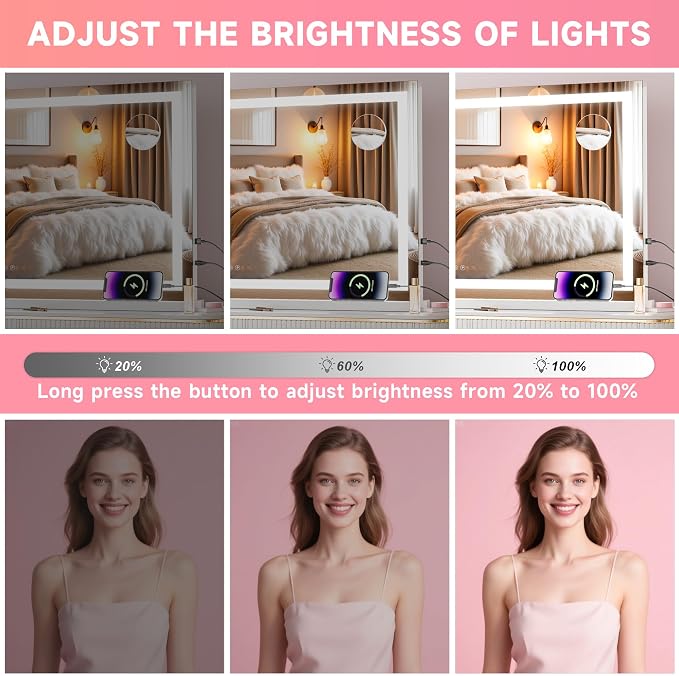 Vanity Mirror with Lights, 32" x 22" LED Makeup Mirror with 10X Magnification, Dimmable 3 Modes, Memory Function, Smart Touch, USB Charging Port, Lighted Makeup Mirror Square White