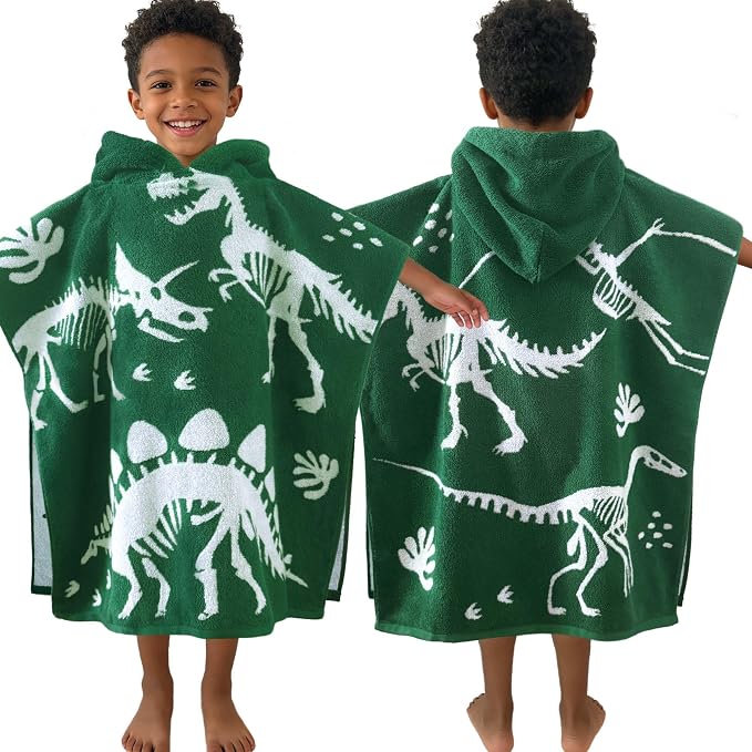 VOOVA & MOVAS Kids Poncho Towel, 4-8 Years, 100% Cotton, Dino | 28"x28" Roomy Size, Cartoon Dino Jacquard Print, Soft, Absorbent & Quick Dry for Daily Swimming