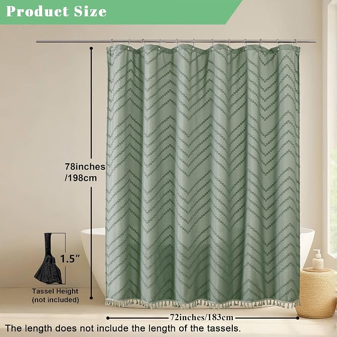 Sage Green Fabric Shower Curtain, Boho Shower Curtains for Bathroom Chic Tufted Chevron Striped Textured with Tassel, Soft Hotel Style Farmhouse, Machine Washable, 72x78, Sage Green