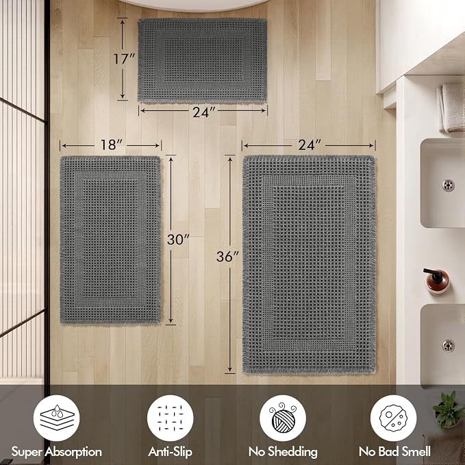 MIULEE Set of 2 Waffle Bathroom Rugs Dark Grey Boho Bath Mat 17x24+18x30 in | Looped Design, Super Absorbent, Non Slip, Washable, Ultra Soft, Rubber Backed, Bathroom Mats for Floor Tub Shower