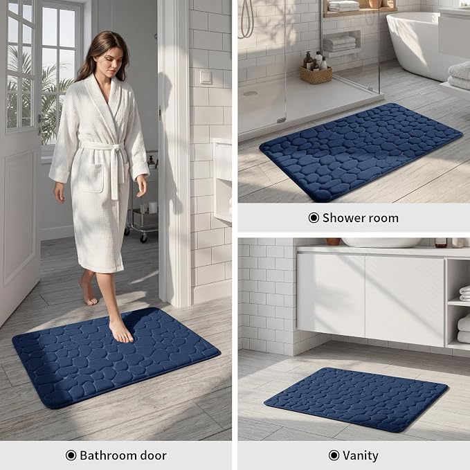 Memory Foam Bath Mat Cobblestone Bathroom Rugs Super Water Absorbent Bath Mats for Bathroom Machine Washable Bath Rugs(17x24,Dark Blue)