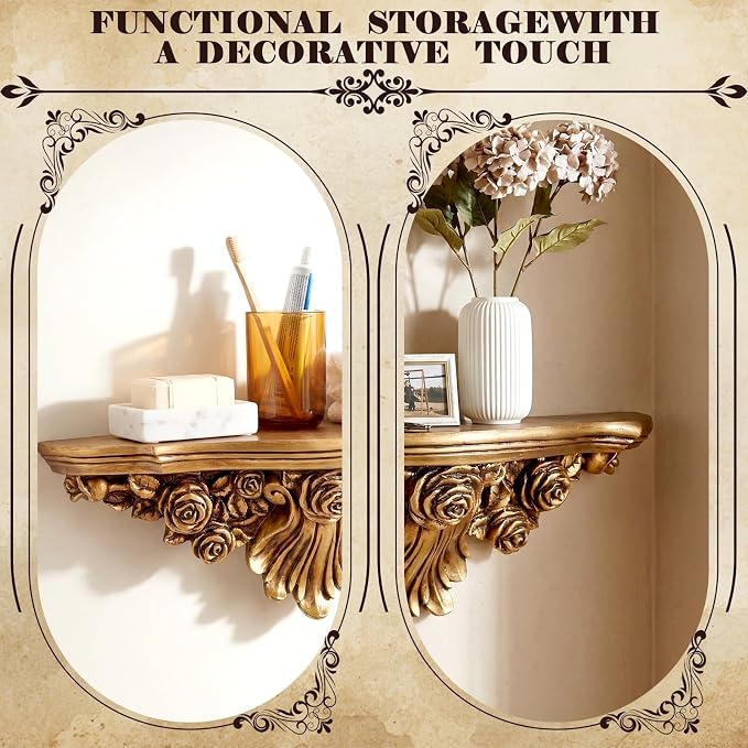 Pinkunn 17" Vintage Antique Gold Floating Wall Shelf | French Country Style Fleur De Lis Victorian Baroque Decorative Ledge, Gothic Wall Decor for Living Room, Bedroom & Entryway
