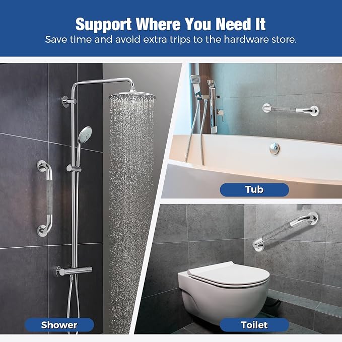 Grab Bars for Shower, 18 Inch Shower Handle, 2 Pack, Brushed Nickel | Grab Bars for Bathroom, Knurled Anti-Slip Grip, 17-Inch Hole Centers, 1-Inch Diameter, Wall-Mounted Support for Seniors