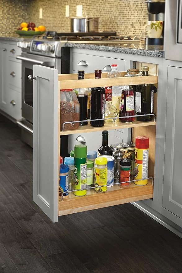 Rev-A-Shelf Maple Pullout Organizer w/Blum Soft-Close for Base Cabinets, Full Extension Slides & Adjustable Shelves, Min Opening Width of 8.5", 448-BCSC-8C