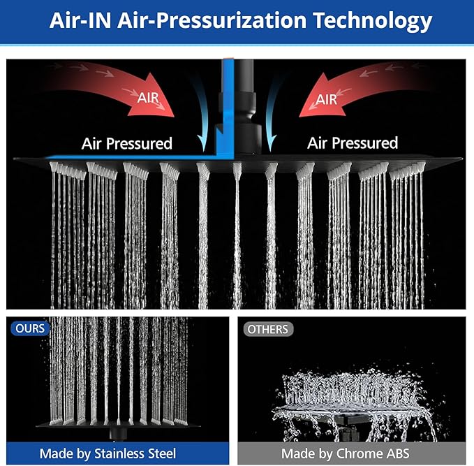 Shower Head, 12'' High Pressure Rainfall/Handheld Shower Combo, Matte Black | 9 Settings, Anti-leak Shower Head with 11'' Extension Arm, Holder, Hose, Height/Angle Adjustable Shower, 1.75GPM