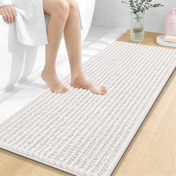 OLANLY Bathroom Runner Rugs 47x20, Thick Soft Absorbent Chenille Bath Rugs | Ivory, Quick-Drying Rubber Backing, Long Shaggy Bath Mat, Machine Washable for Floor, Tub and Shower, Home Decor Accessories