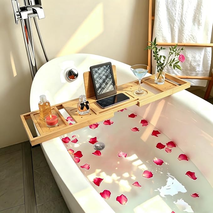 Utoplike Bamboo Bathtub Tray Caddy for Tub, Bath Table Bathroom Organizer | Adjustable, with Book Tablet Stand, Wine Glass Cup, 2 Sliding Towel Holder