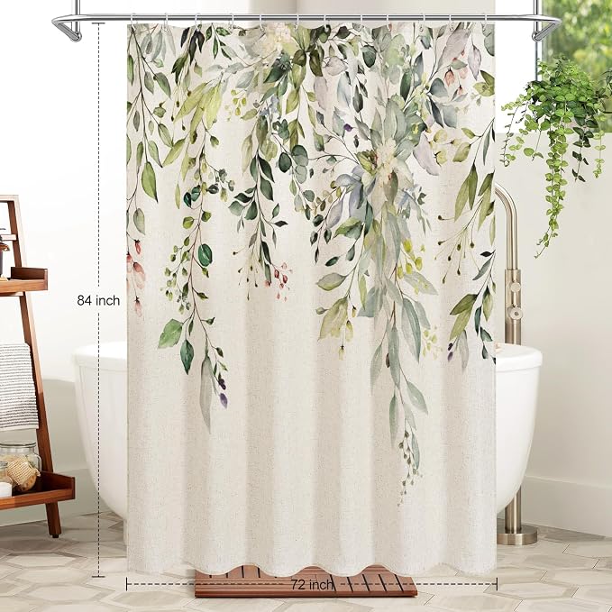 SageGreen Linen Eucalyptus Shower Curtain, Watercolor Floral, 72x84 | Watercolor Plant Leaves Floral Print, Polyester Linen Blend Bathroom Decor, Machine Washable, Rustproof Grommets