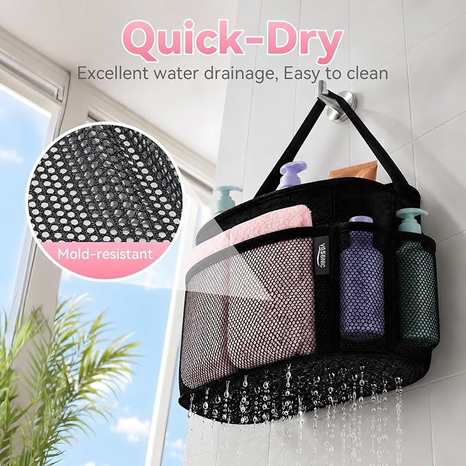 Mesh Shower Caddy Portable for Dorm College Room Essentials, 8-Pocket Large Shower Bag with Single Handles, Hanging Shower Basket for Beach, Swimming, Bathroom, Beach, Black