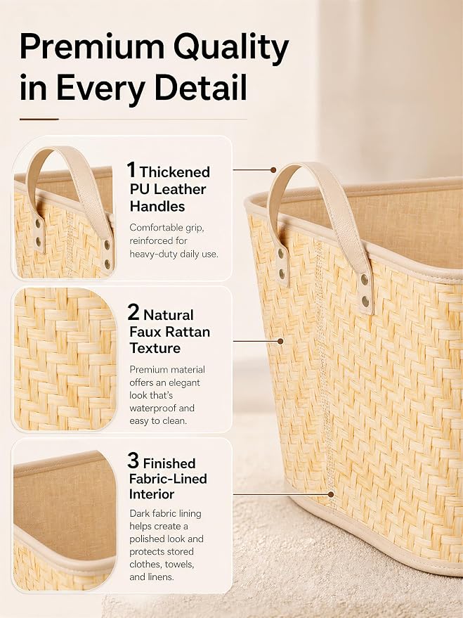 BROWNLILY Oversized Storage Baskets Laundry Hampers with Structured Frame & Supported Bottom, Extra Large Closet Bins for Shelves Blankets Car Bedroom Bathroom Organizers (Pack of 4, Natural)