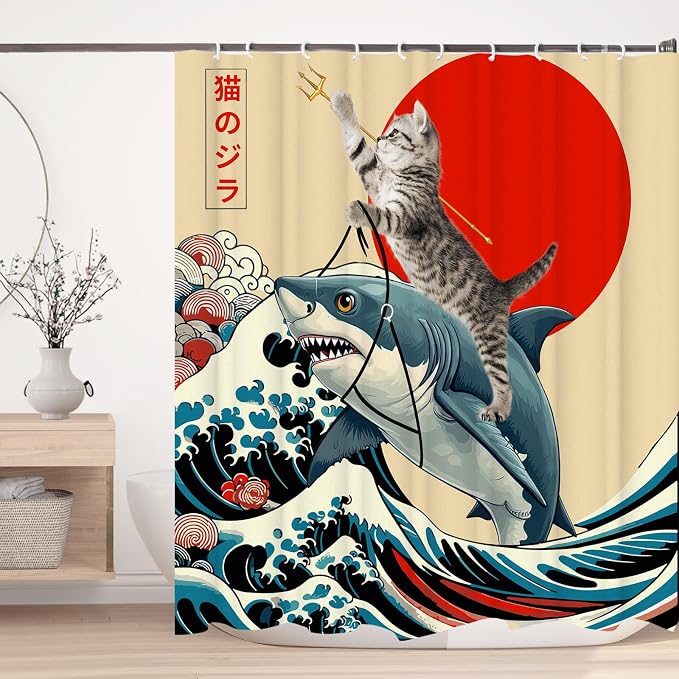 Funny Japanese Cat Shower Curtain, Vintage Cat Riding Shark Japan Anime Sunset Wave Waterproof Shower Curtain with Hooks, Animal Fabric Shower Curtains Bathroom Decor 72X72inches