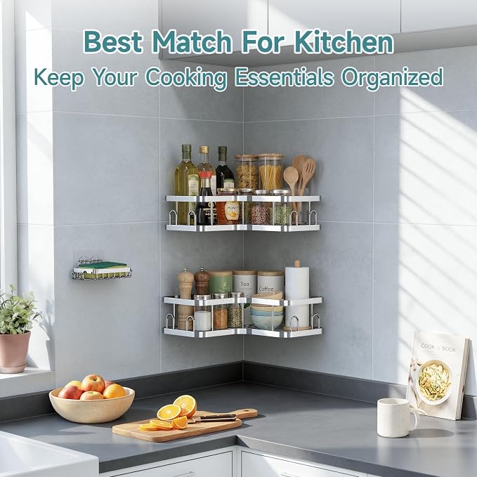 Veken Corner Shower Caddy 3-Pack, Advanced Rustproof Design&Stable Storage | No Drilling Adhesive Shelves, Rack with Soap Holder & Hooks, Thickened Metal Frame, Bathroom Organizers and Storage, Silver
