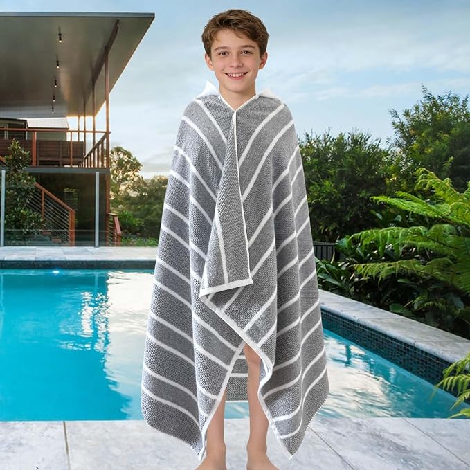 VOOVA & MOVAS Large Hooded Towels for Kids,6-12 Years,100% Cotton | 65X34 Inch,Gray White Stripe,Thick,Soft, Absorbent, Quick-Drying, Beach/Pool/Swim Essentials