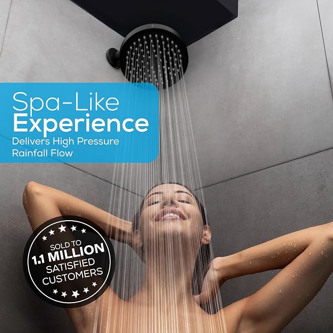 SparkPod Rain Shower Head, 6 Inch Round, Midnight Black Matte Finish | High Pressure Shower Heads, 90 Nozzles, Adjustable Showerhead, No Tools Needed, Universal Connection