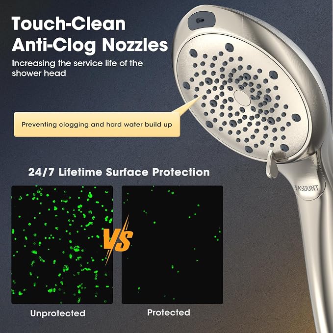 High Pressure Filtered Handheld Shower Head, Brushed Nickel | 80" Long Stainless Steel Hose, Built-in Power Wash, Anti-clog Nozzles, Filter Beads for Hard Water, Remove Chlorine
