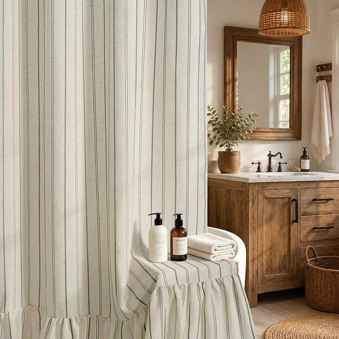 Yinhua Farmhouse Shower Curtain with Ruffle, Green Striped Linen Shower Curtains Set with Hooks for Bathroom, Country Vintage Long Bath Curtain Waterproof Weighted Washable Fabric, 72" W x 84" L