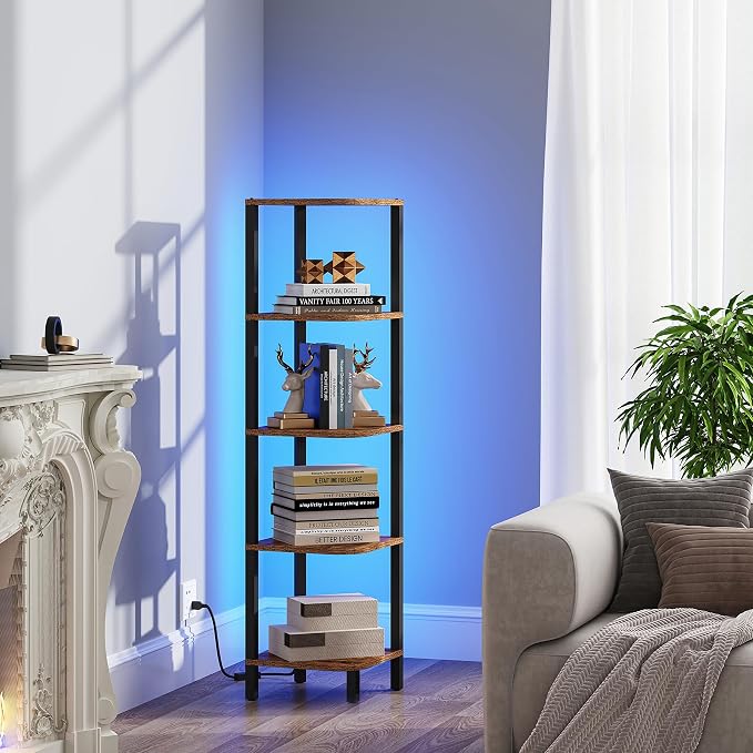 TUTOTAK Corner Shelf with LED Light, 5-Tier Corner Bookshelf | for Small Space, Narrow Display Corner Shelf Stand with Storage Rack, for Living Room, Bedroom, Rustic Brown BS08BB005L