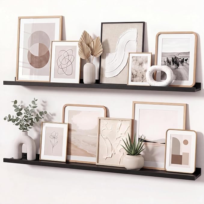 Black Picture Ledge Shelves for Wall, 4.5" Deep Wood Floating Shelves with Lip for Bedroom, Living Room, 40" Width, Color Black Set of 2