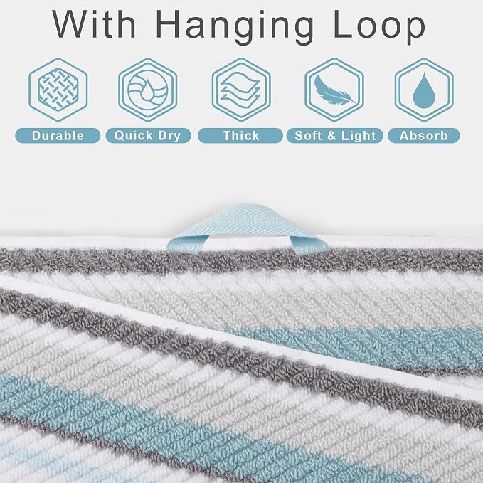 VOOVA & MOVAS Aqua Bath Towels 4 Pack, 100% Cotton, 28x52 in, Striped | Ideal for Shower and Daily Bathing, Lightweight, Super Soft, Highly Absorbent, Quick Dry, Bath Towels with Hanging Loops