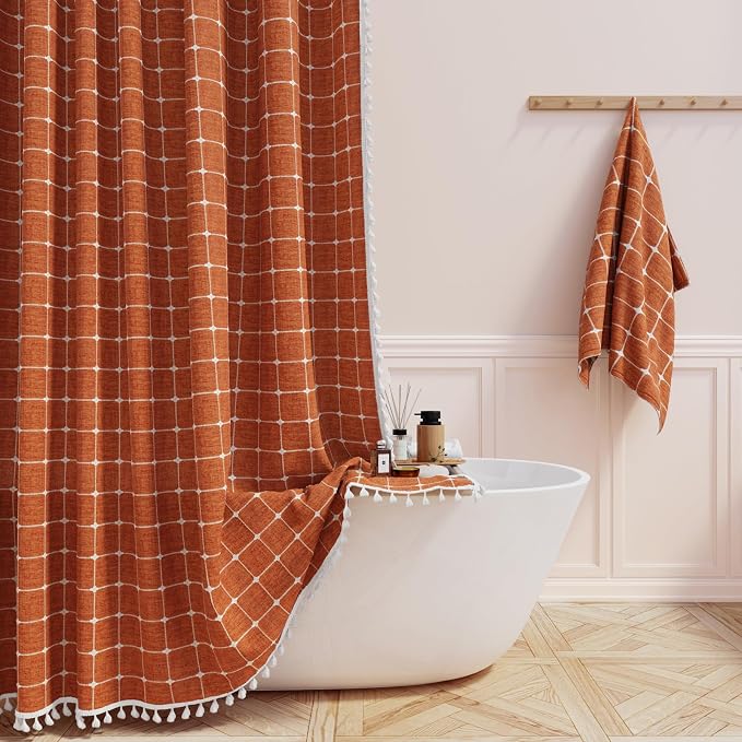 Burnt Orange Boho Farmhouse Linen Heavy Duty Shower Curtain Set, 72x72 | 330GSM Linen Blend, Classic Plaid, 3-side Tassels, Water Repellent Fabric, 12 Plastic Hook, Rustic Bohemian, Machine Washable