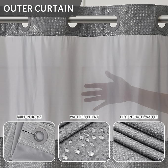 Furlinic No Hook Waffle Weave Shower Curtain with Snap in Fabric Liner,Honeycomb Textured Bathroom Curtains with See Through Top Window,Waterproof & Machine Washable,Light Grey,71x78 Inch