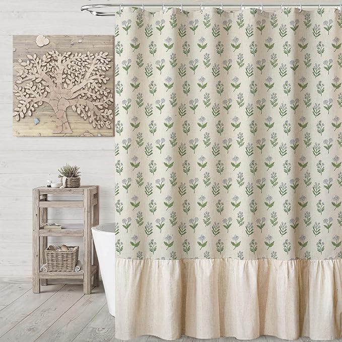 MUGINYU Linen Textured Ruffle Shower Curtain - Vintage Floral Block Print in Beige and Green, Boho Cottagecore Farmhouse French Country Bathroom Decor Set, 72x72 Inches