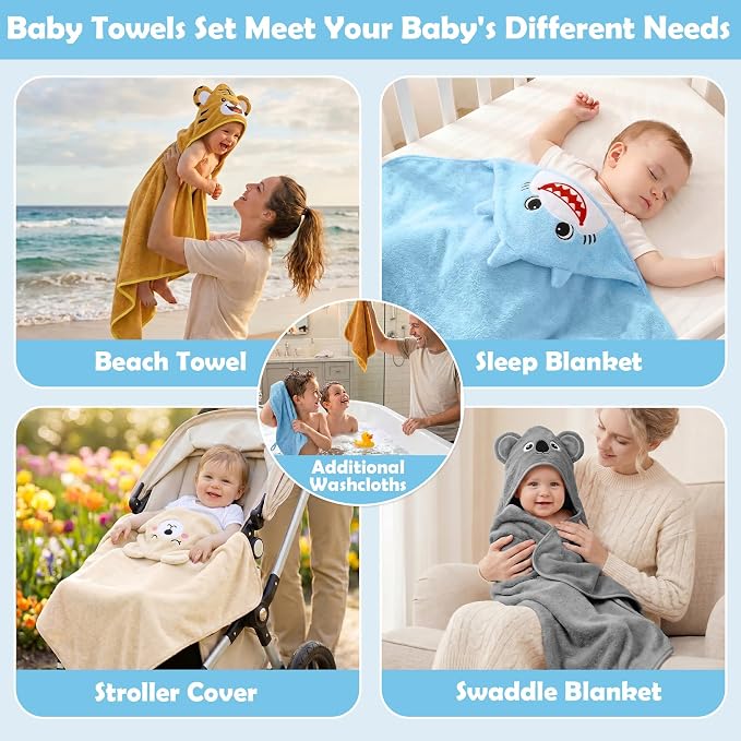 12 PCS Baby Bath Towels Set for Infants Toddlers Essentials | 4 PCS Baby Towels & 8 PCS Washcloths Set, Cute Animal Hooded, Ultra Absorbent & Soft, Newborn Shower Gifts for Boys & Girls