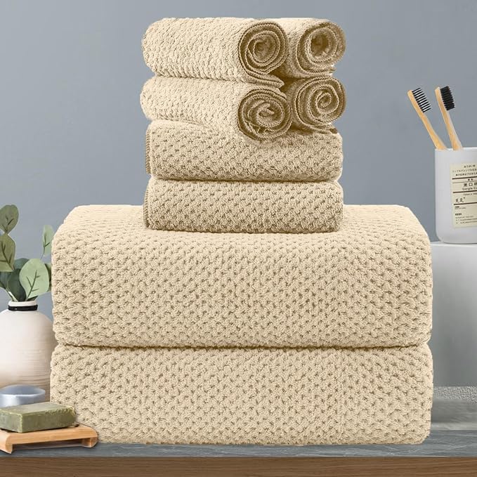 8-Piece Beige Bath Towels Set,2 Oversized Large Bath Towels Sheet,2 Hand Towels and 4 Washcloths - 600 GSM Soft Luxury Towel Set,Highly Absorbent Quick Dry Towel Collection for Bathroom,Hotel and Spa