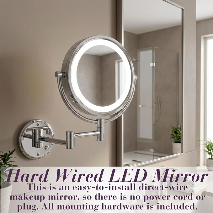 JERDON Hardwired Wall-Mount Makeup Mirror - 8X/1X - Chrome - HL88CLD | 8.5" Round Frame, 13.5" Wall Arm, LED Lighting, Direct Wire Installation