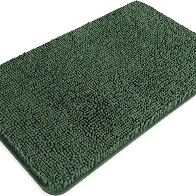 Hunter Green Bathroom Rugs – Absorbent and Washable Bath Mat, Non-Slip, Thick Soft Chenille Bath Rugs for Bathroom Floor, Shower, Sink - 20" x 32"