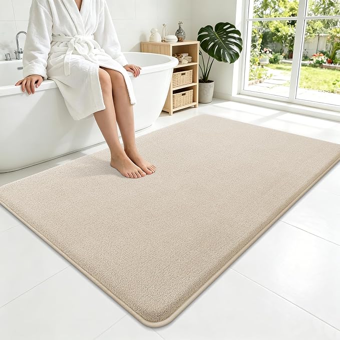 Smiry Memory Foam Bath Mat 59x35, Extra Soft Absorbent Bathroom Rugs | Beige Quick Dry, Machine Washable Bath Mats for Bathroom, Shower, Tub and Home Decor Accessories