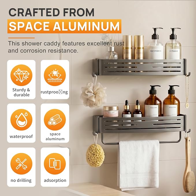 Gun Grey Adhesive Square Shower Caddy with Towel Bar, Soap Dish and Hooks | No-drill gun grey shower basket with towel bar, soap dish and hooks for smooth tile, glass and stainless steel bathroom walls