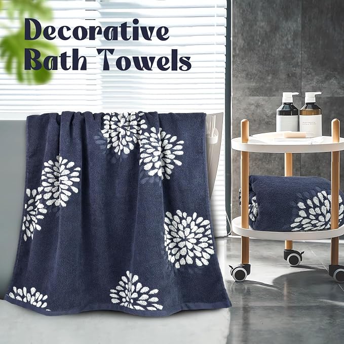 Jacquotha Cute Bath Towels Set of 2 (Denim Blue) - Large 55” x 28” | Decorative Hydrangea FloralJacquard, Bathroom & Guest Room Decor, Cotton