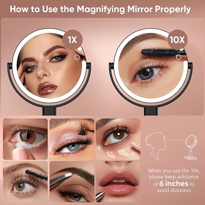 Rechargeable Lighted Makeup Mirror,10X Magnification, 8 Inch | 3 Adjustable Light Colors, Rechargeable Cordless Design, Adjustable Height, Storage Base with Phone Holder,Touch Control