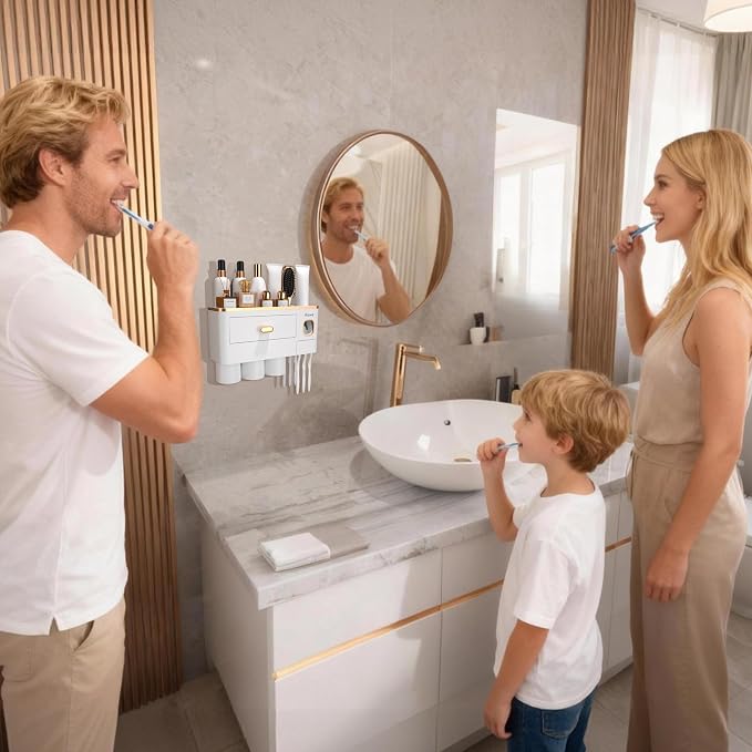 iHave Toothbrush Holders Bathrooms Wall Mount Toothpaste Dispenser & 3 Cups | Elegant White & Gold Bathroom Decor: 3 Cups, 6 Slots, Toothpaste Dispenser, Tray & Drawer Wall Mount Toothbrush Organizer