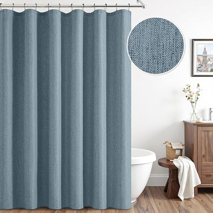 ANRODUO Dusty Blue Extra Long Linen Fabric Shower Curtain Set - W72xL96 | Farmhouse Shower Curtain with 12 Metal Hooks, Waterproof Heavy Duty, Button Hole Design, Machine Washable for Bathroom