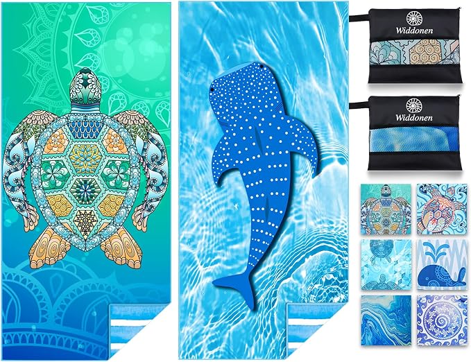 Widdonen Microfiber Beach Towel,Compact 2 Pack-71x32 Inch with Bag Travel | Extra Large,Lightweight,Thin,Sand Free,Quick Dry,Absorbent.Packable for Camping,Swim,Pool,Bath,Picnic,Cruise Essentials Gift