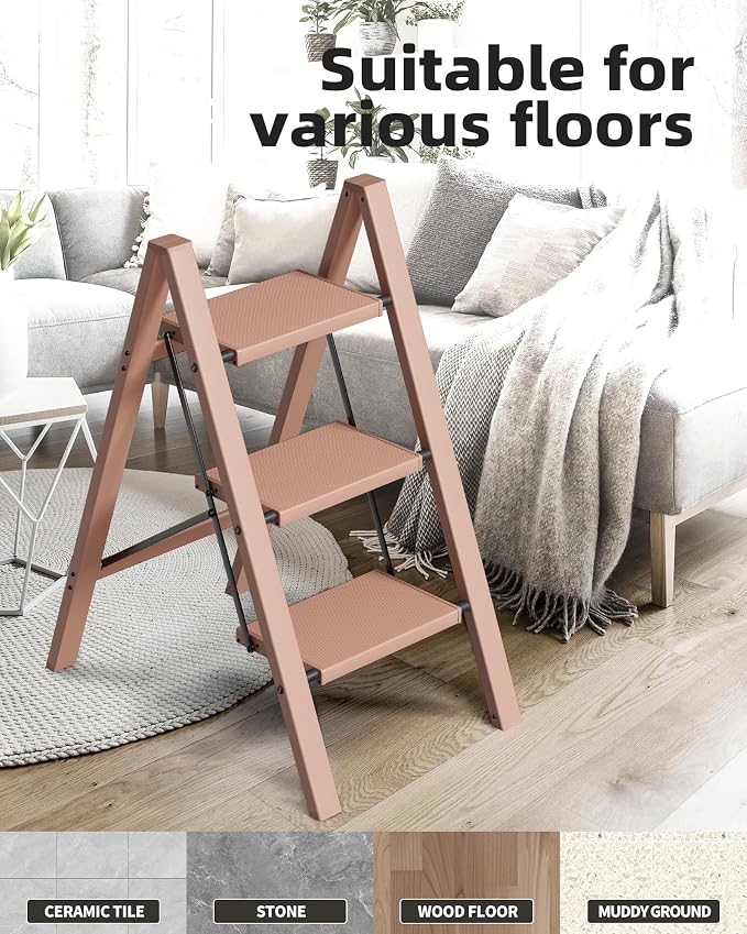 HillhutApex 3 Step Stool Foldable Ladder,Aluminum Step Ladder | Folding Lightweight Stable Stool with Wide Non-Slip Pedals, 330lbs Bearing Capacity Ladder for Office,Home,Kitchen-Light Pink