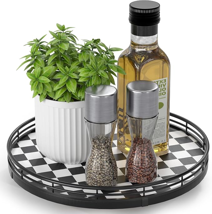 AMH 10-Inch Black and White Checkerboard Lazy Susan with Oak Base | Smooth rotating oak tray with walnut finish for dining tables, kitchen counters, pantries and cabinet storage.