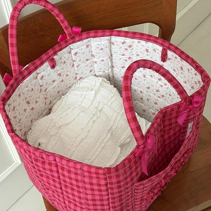 Storage Basket Boho Fabric Large Collapsible Floral Laundry Nursery Hamper Portable Folding Storage for Clothes Toys (Rose Red Plaid)