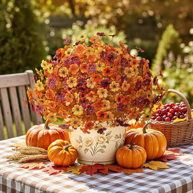 Alupssuc 48 Bundles Artificial Fall Flowers, UV Resistant Faux Mums Porch | Silk & Plastic, 13 Inch Tall, for Indoor Outdoor Planters Yard Patio Window Box, Autumn Outside Realistic Fake Decoration