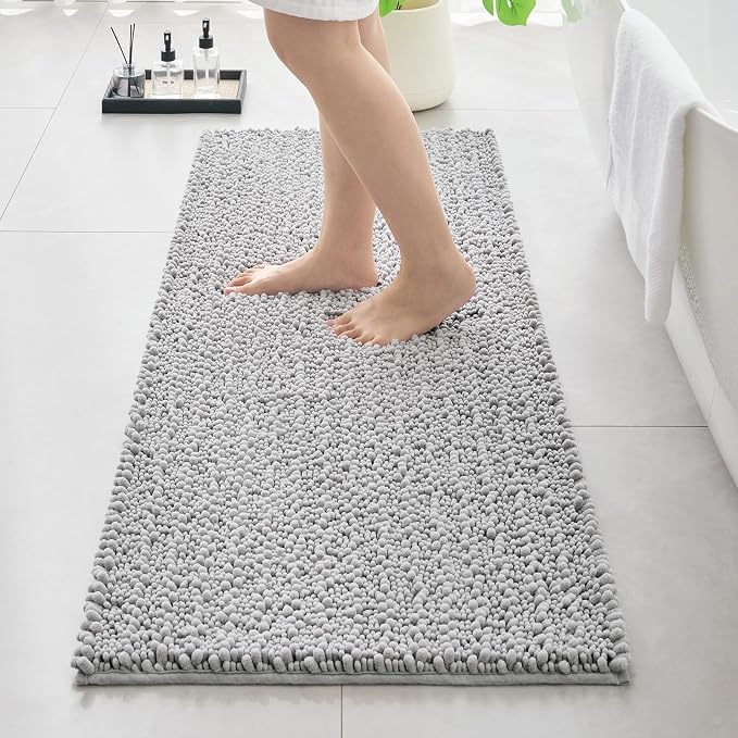 Bathroom Rugs Non Slip Washable 70x24, Extra Thick Soft Chenille Absorbent Bath Mat, High Density Barrier Non Slip Backing, Quick Dry Plush Shaggy Floor Carpet for Tub&Shower, Silver