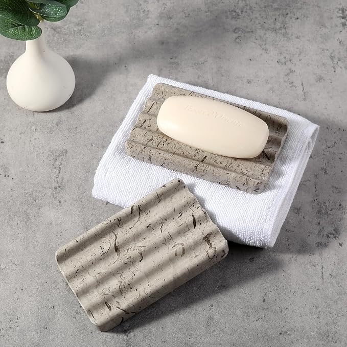 Natural Grey Marble Soap Dish for Shower, Stone Soap Tray for Bathroom, Gray Bar Soap Holder for Sink, Stripe Grooves Soap Saver Stone Dish Keep Bars Dry Easy Clean