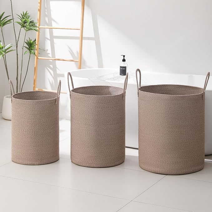 Laundry Basket Hamper Tall Rope Storage Woven for Blanket toys Dirty Clothes in Living Room Bathroom Bedroom (Tan, 80L/21.3Gal)