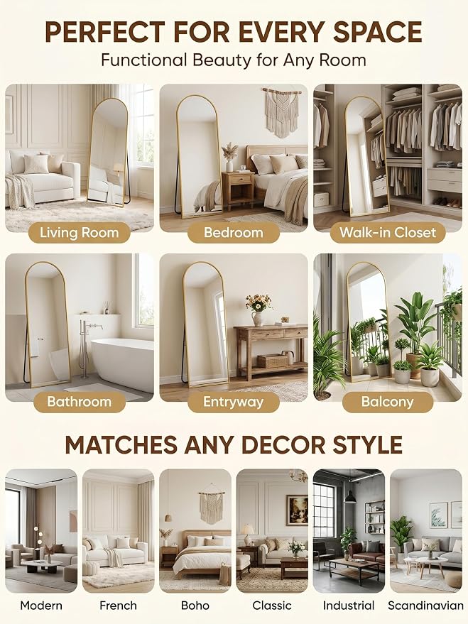 Full Length Mirror, 64" x 21" Arched Full Body Mirror Large Standing Floor Mirrors, Mirrors for Bedroom, Bathroom, Living Room Standing or Wall Leaning, Gold